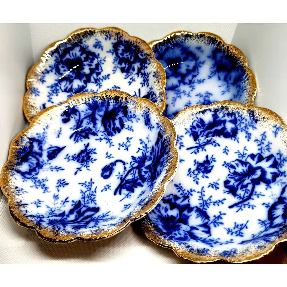 Antique Warwick Flow Blue Pansy Pattern 4 Dessert Bowls Gold Gilt Scalloped Edge